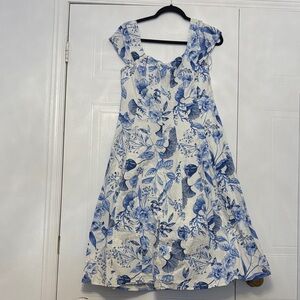 Avec Les Filles Blue and White Floral Midi Dress